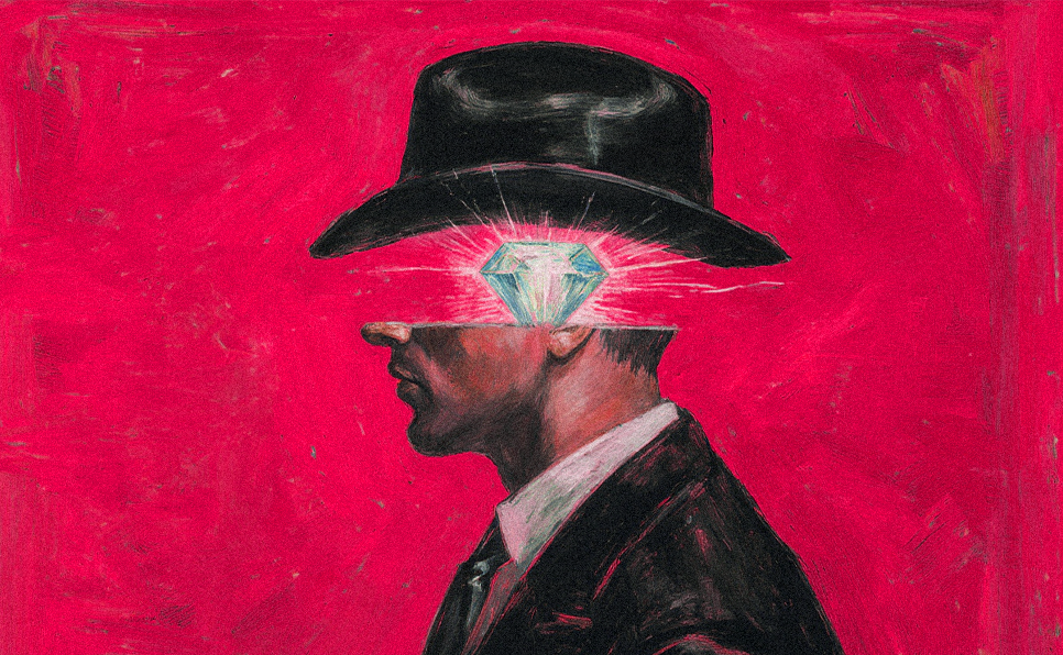 a_surreal_painting_of_a_man_in_a_black_suit_standing_against_a_bright_pin