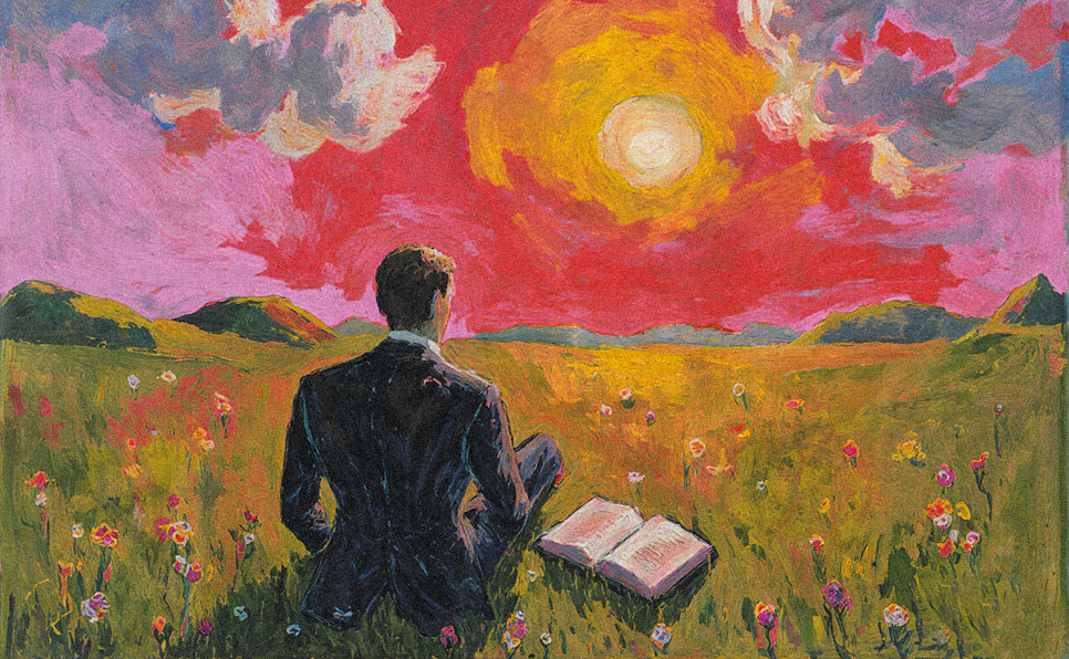 a_painting_of_a_man_seen_exactly_from_behind_wearing_a_suit_sitting_on_a_wide_green_meadow